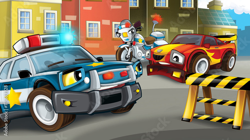 Plakat Kreskówki scena policyjna pogoń - samochód łapiąca - ilustracja dla dzieci