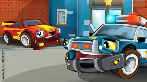 Cartoon scene of police pursuit - car caught - illustration for children © honeyflavour