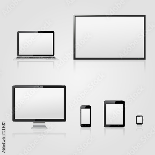 Modern technology devices - lcd tv screen, computer monitor, laptop, digital tablet, smart watch and mobile phone with blank screen