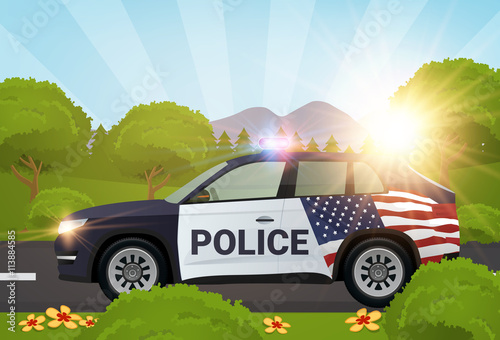 Police car in the nature with american flag vector illustration