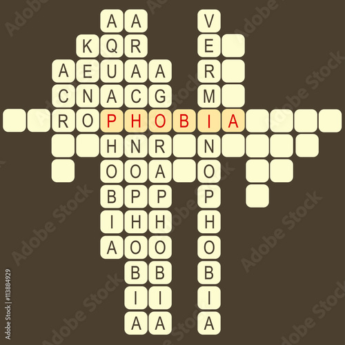 Phobia. Scrabble with names of phobia. The word phobia is lined with cubes