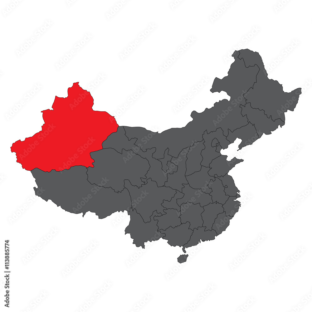 Xinjiang red map on gray China map vector - obrazy, fototapety, plakaty 