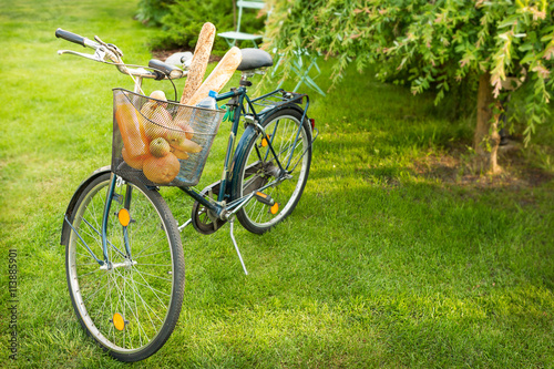 Bicycle with food products (groceries) in the basket. Green summer garden as background. Countryside lifestyle concept.
