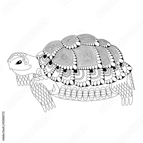 Totem animal. Drawing zentangle turtle for coloring page, shirt design effect, logo, tattoo and decoration.  Isolated background.