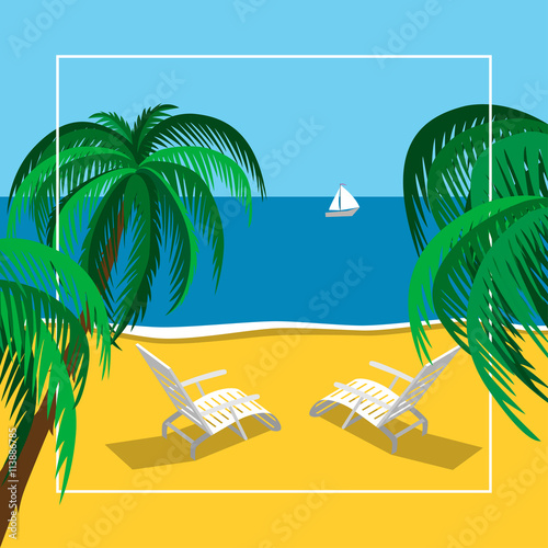 Beach summer landscape. Vacation, relaxation, ocean, chaise-longue, yacht, palm. 