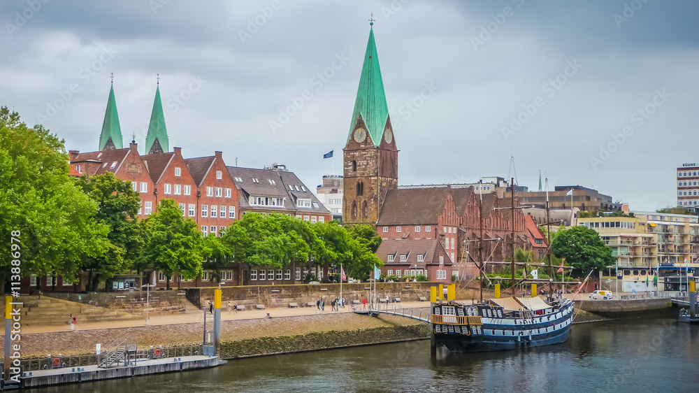 Historic town Bremen with Weser river, Germany