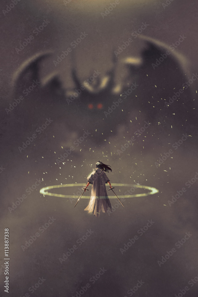 Fototapeta premium duel between knight and devil,illustration painting