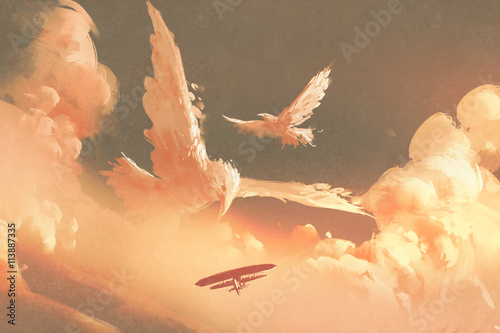 birds shaped cloud in sunset sky,illustration painting