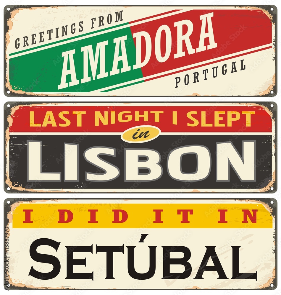 Plakat Kolekcja retro znak cyny z nazwami miast Portugalii