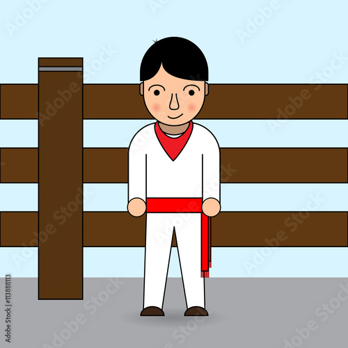 San Fermin dressed man with the bull fence in the background vector