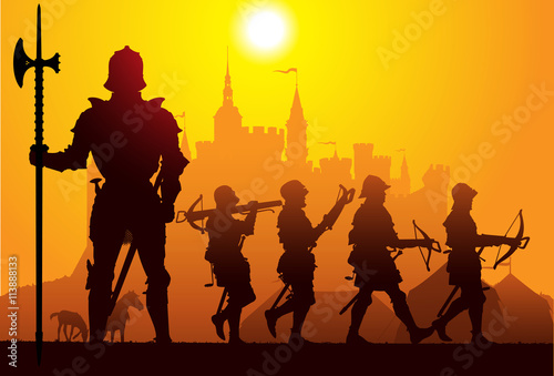 Medieval knight with the castle on the background