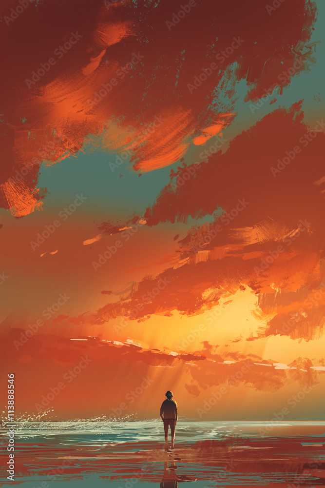 Obraz samotny mężczyzna stojący na morzu pod zachodem słońca niebo, malarstwo ilustracja