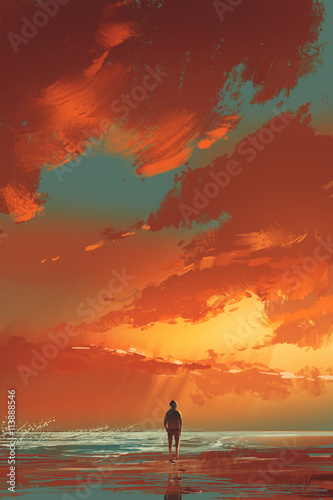 Obraz na płótnie samotny mężczyzna stojący na morzu pod zachodem słońca niebo, malarstwo ilustracja