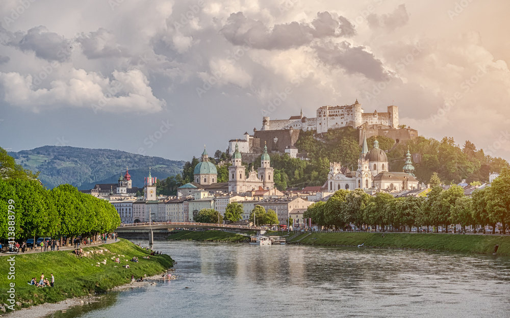 Historic city of Salzburg in summer at sunset, Austria