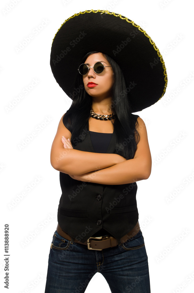 Young mexican woman wearing sombrero isolated on white Young mexican woman wearing sombrero isolated on white