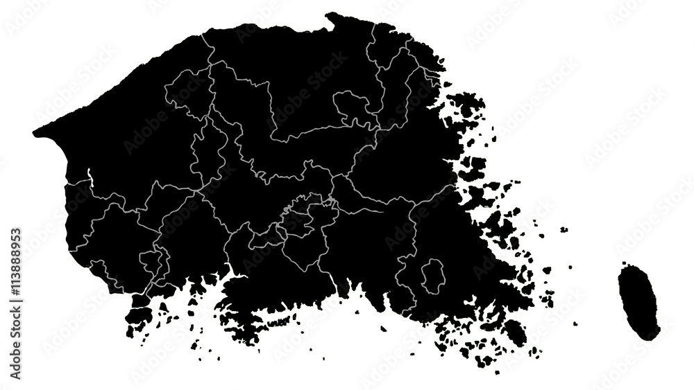 Korea country map detailed visualisation in black
