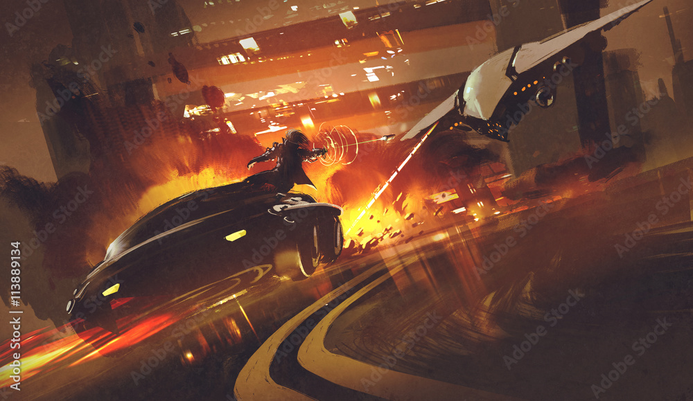 Naklejka pościg scena statku kosmicznego goniąc futurystyczny samochód na autostradzie, ilustracja