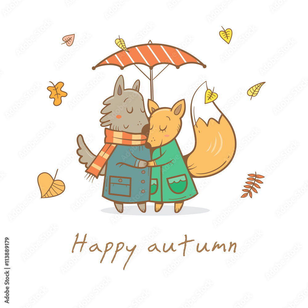 Card with cute cartoon wolf and fox in love. Funny animals under umbrella.  Autumn time. Falling leaves. Rainy weather. Children's illustration. Vector  image. Stock Vector | Adobe Stock