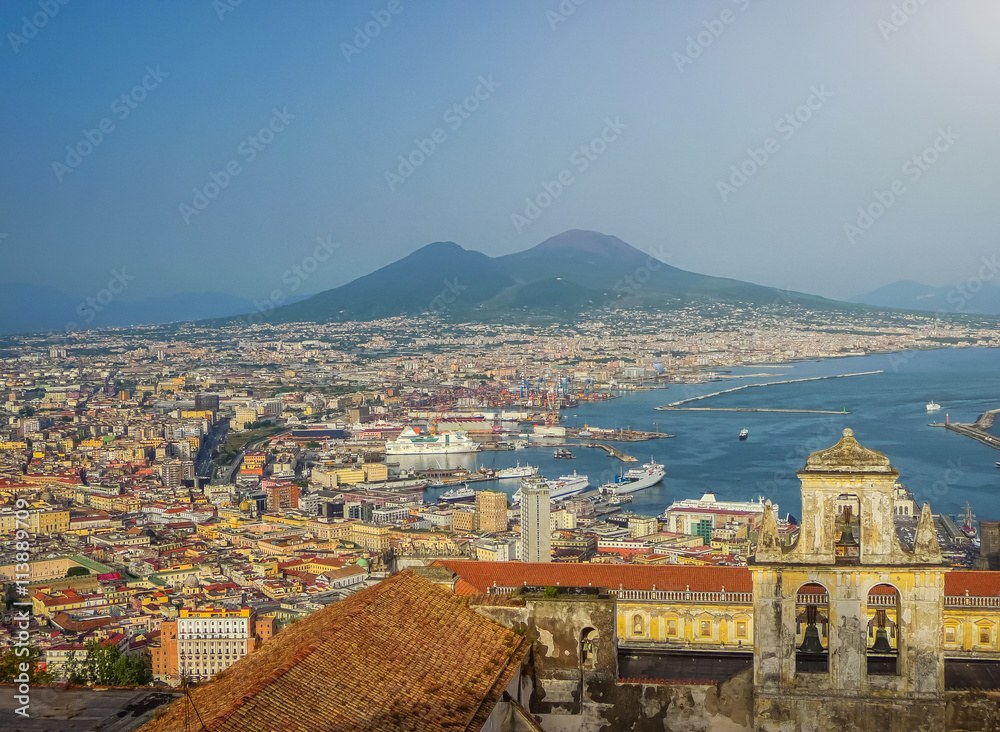 City of Naples (Napoli) with Mt Vesuvius at sunset, Campania, Italy