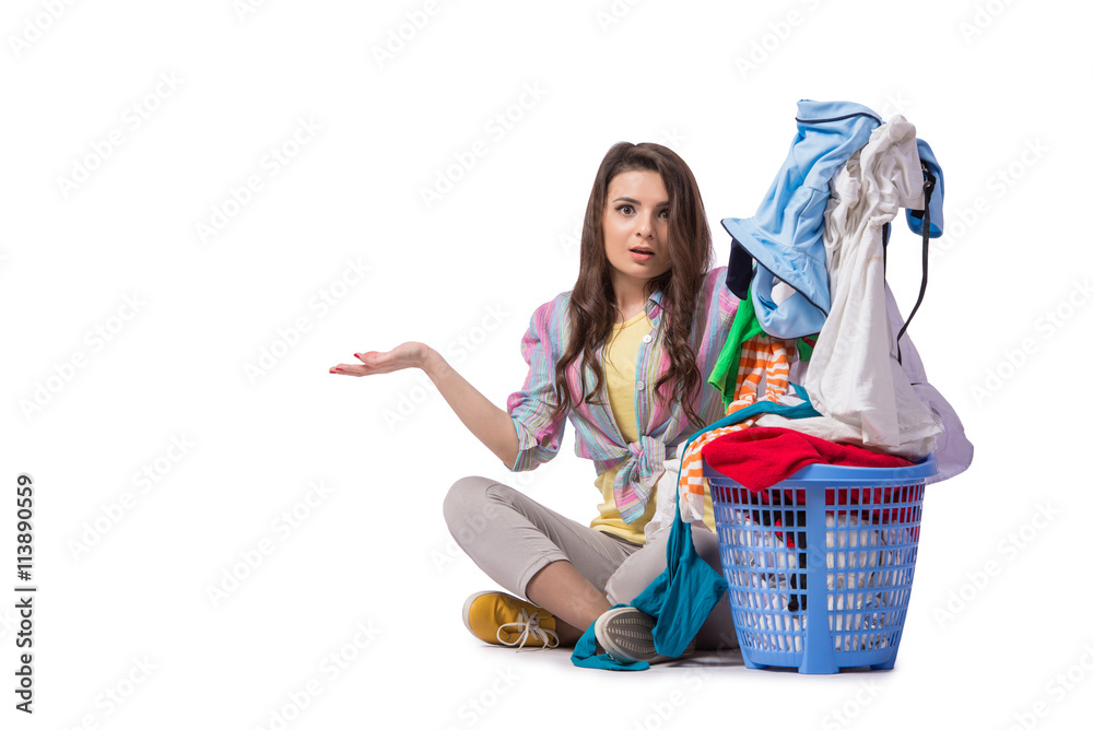 Woman tired after doing laundry isolated on white Woman tired after doing laundry isolated on white