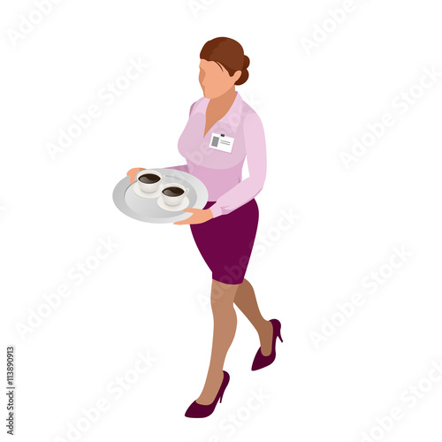 Waitress with tea pot and tea cup. Tea waitress for cafe or waitress for fast food restaurant. flat 3d vector isometric illustration.