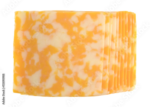 Slices of Colby-Jack cheese on a white background top view.