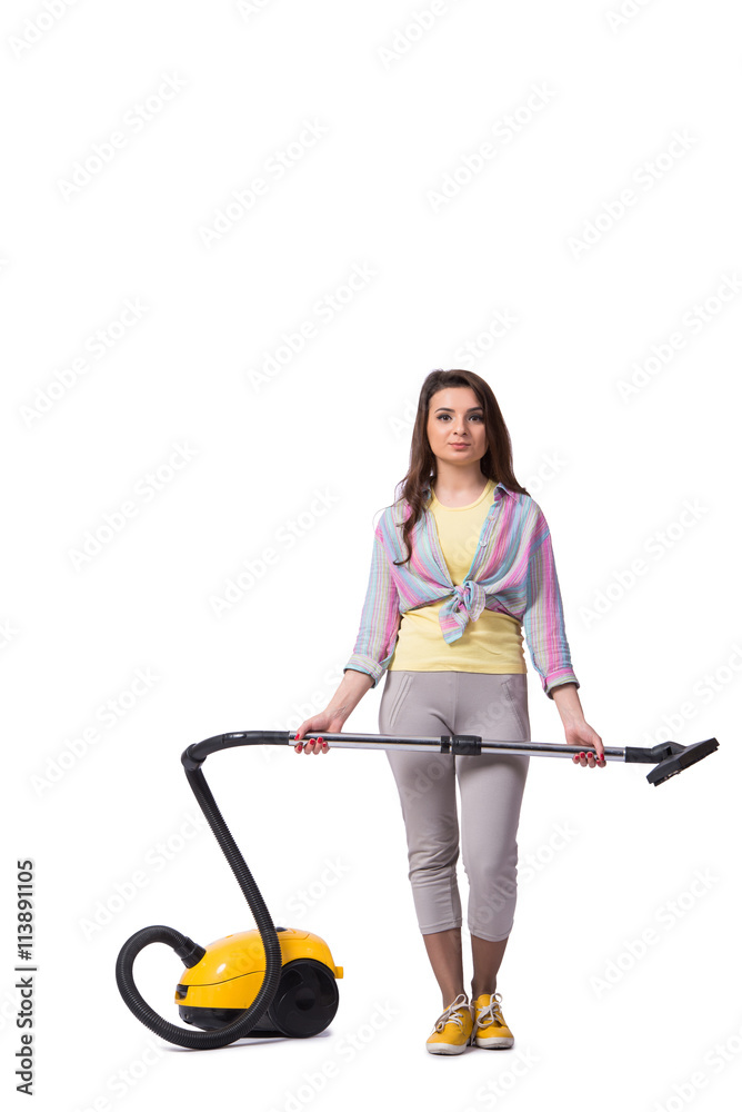 Woman with vacuum cleaner isolated on white Woman with vacuum cleaner isolated on white