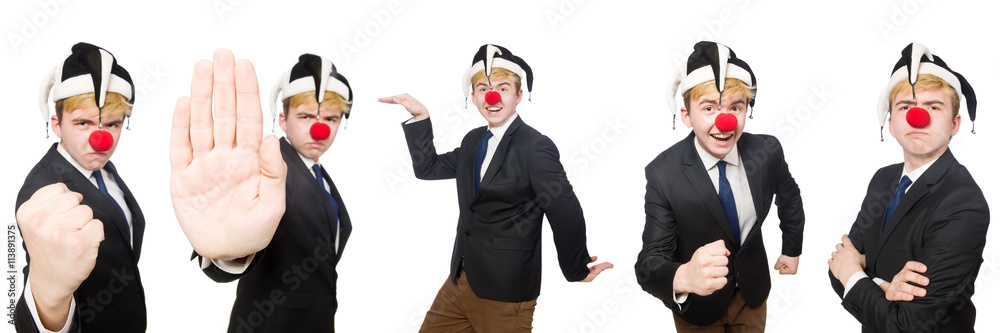 Fototapeta premium Collage of clown businessman isolated on white