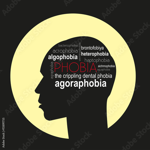 Phobias. The silhouette of a human head with the names of phobias. The composition of the names of the different phobias