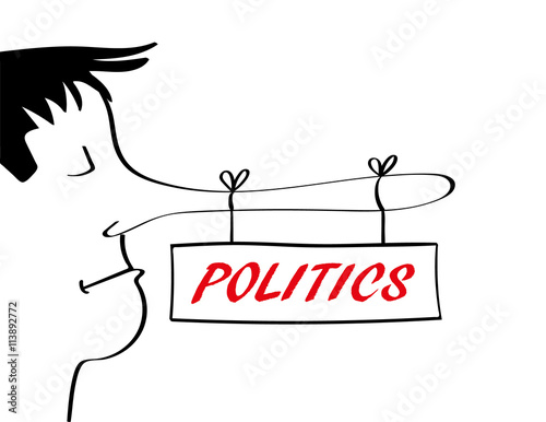 Man with a very long nose associated with telling lies from which there is a sign hanging with the word politics added in red text