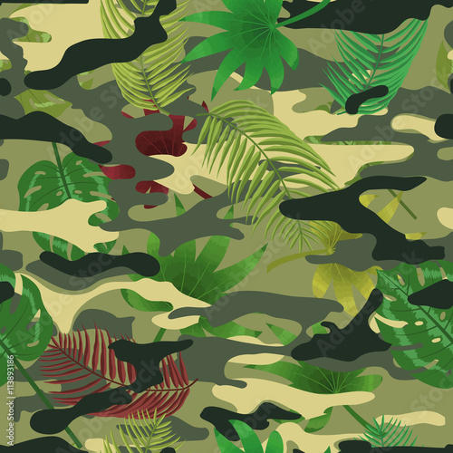 Military camo tropical leaves seamless pattern background