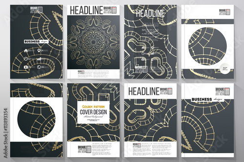 Set of business templates for brochure, flyer or booklet. Polygonal backdrop with golden connecting dots and lines, connection structure. Digital scientific background