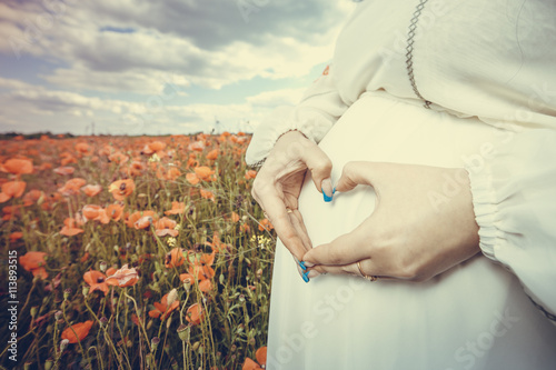 heart shaped pregancy in a flowering poppy field outdoors, close up heart shaped hands photo