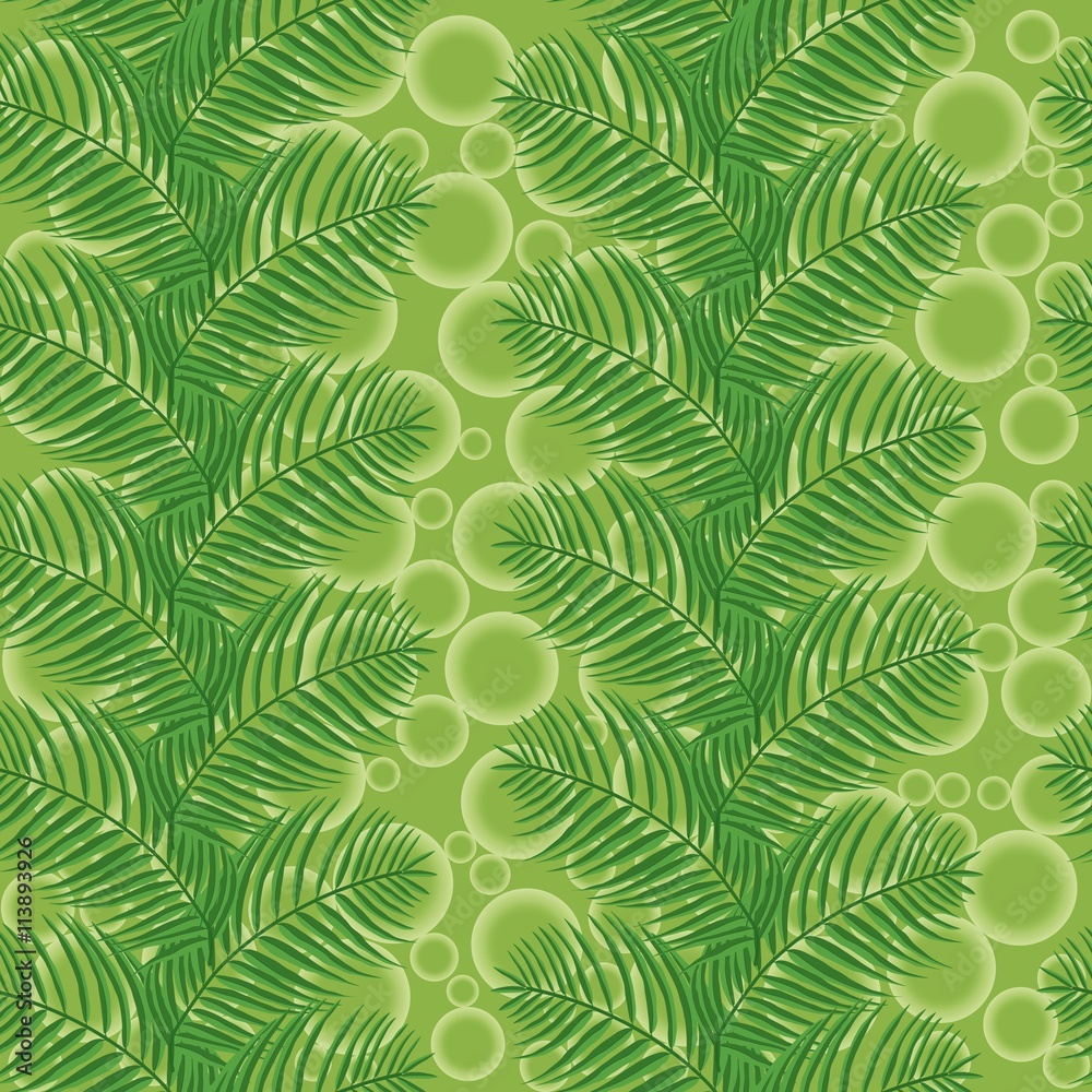 Palm leaves on a green background with circles. Pattern vector seamless