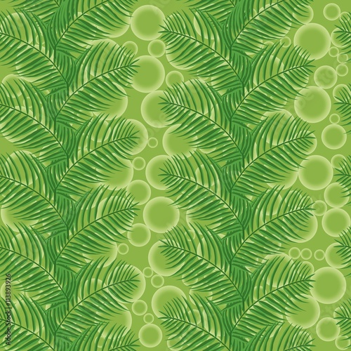 Palm leaves on a green background with circles. Pattern vector seamless