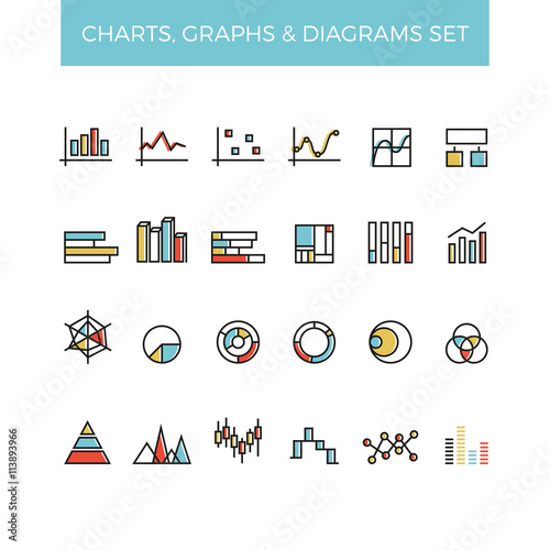 Diagram and graphs color line vector icons