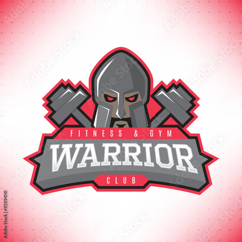 Fitness and GYM club logo. Vector template of label of head of warrior isolated on the white background. Symbol of extreme sport.