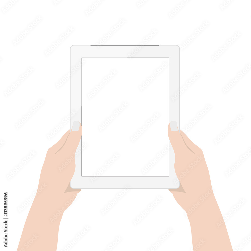 vector design, close up woman hand using digital tablet technology blank screen display on white background vector design, close up woman hand using digital tablet technology blank screen display on white background