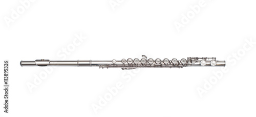 Canvastavla Brass silver metal flute isolated on white background