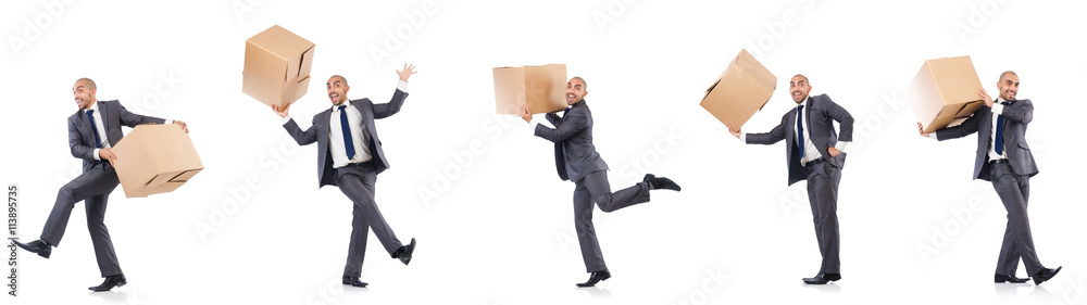 Collage of photos with man and boxes Collage of photos with man and boxes