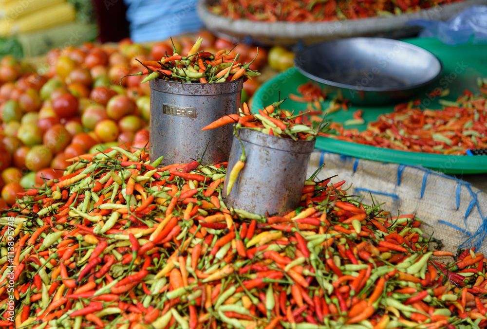 Fresh red chili peppers on Tomohon Traditional Market