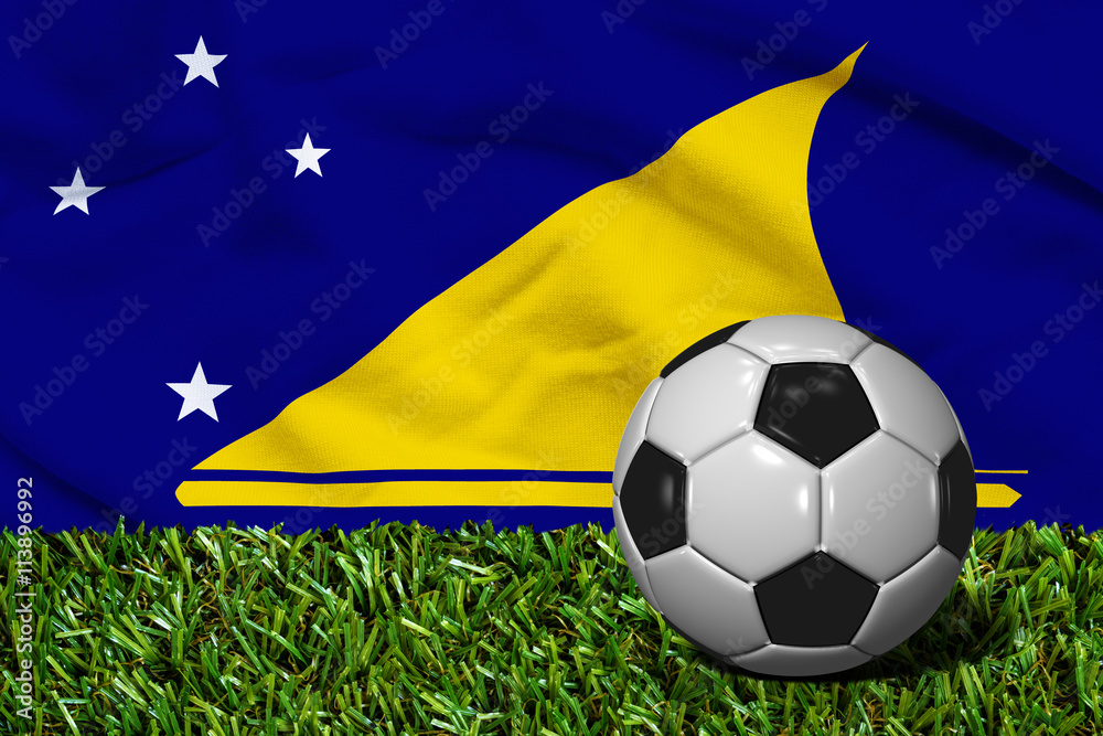 Soccer Ball on Grass with Tokelau Flag Background, 3D Rendering