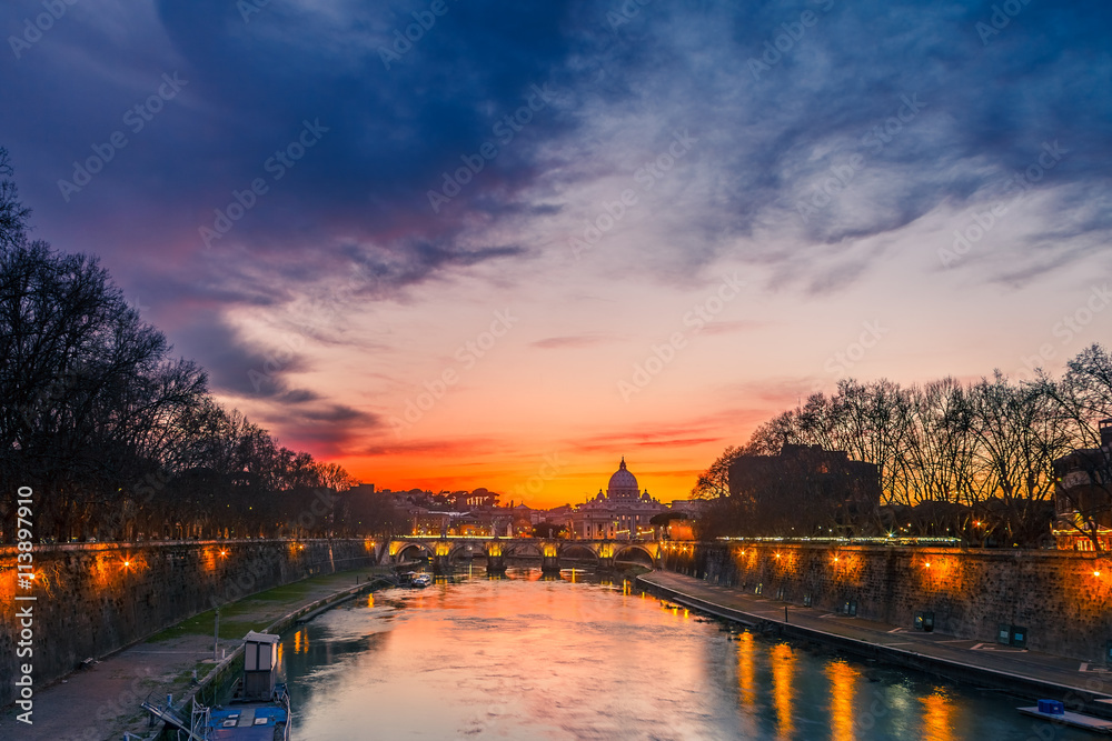Night view of Tiber river in Rome, Italy