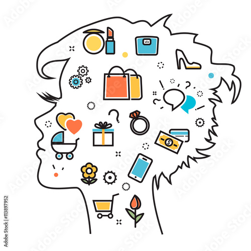 Flat line illustration of thought process what women wanted, dream,
idea, desire, wish, habits, stereotypes into woman head, woman favorite interests. Website blog banner, infographic elements