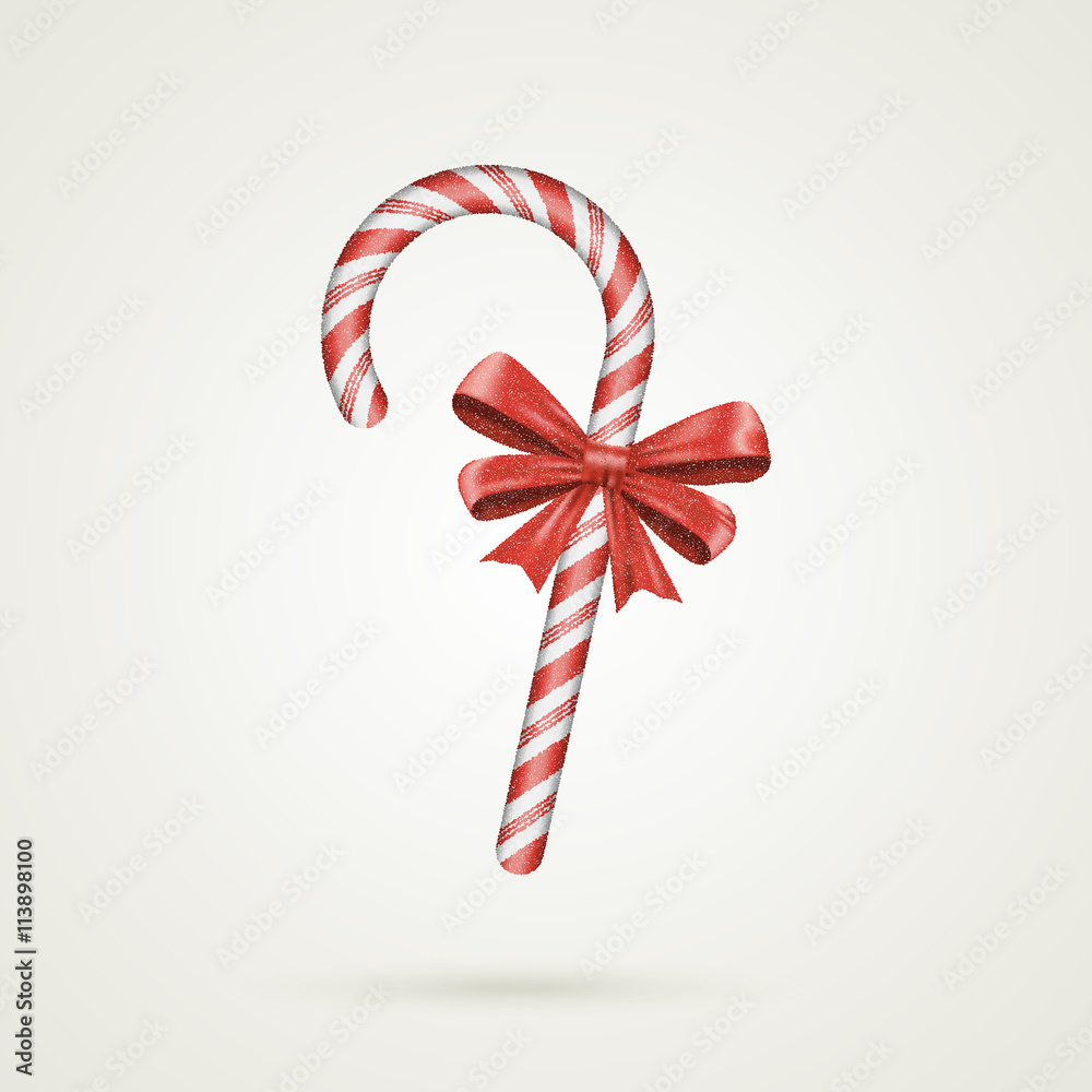 Christmas Candy Cane with Red Bow Isolated on White Background.