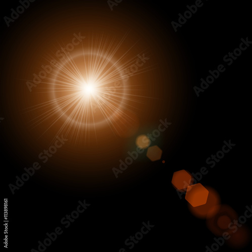 Summer sun with realistic lens flare lights and glow on black background. Vector illustration eps 10