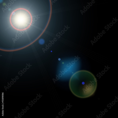 Summer sun with realistic lens flare lights and glow on black background. Vector illustration eps 10