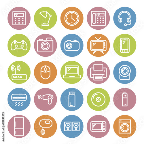 Set of thin linear icons. Household and office appliances