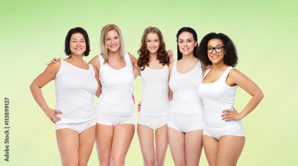 group of happy different women in white underwear group of happy different women in white underwear