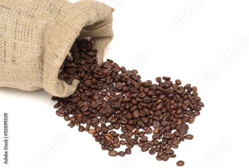 A jute bag filled with coffee beans